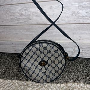 Gucci Vintage Round Navy Blue Monogram Leather Bag